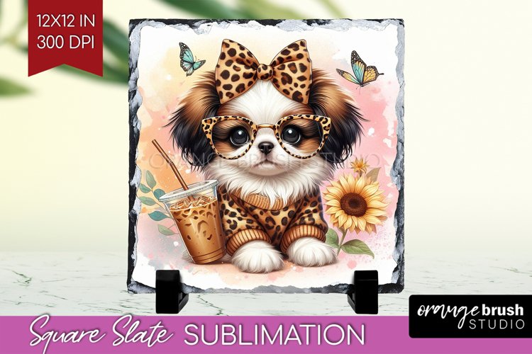 Cute Dog Slate PNG - Leopard Bow Square Slate Sublimation