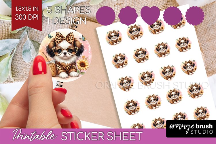 Cute Dog Round Sticker - Leopard Bow Printable Sticker Sheet