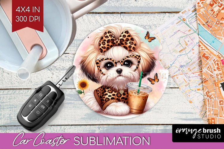 Cute Dog Car Coaster - Leopard Bow Coaster PNG Sublimation