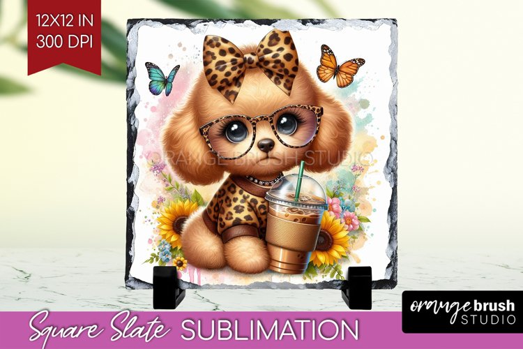 Cute Dog Slate PNG - Leopard Bow Square Slate Sublimation