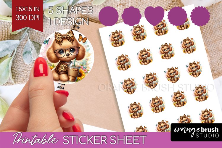Cute Dog Round Sticker - Leopard Bow Printable Sticker Sheet