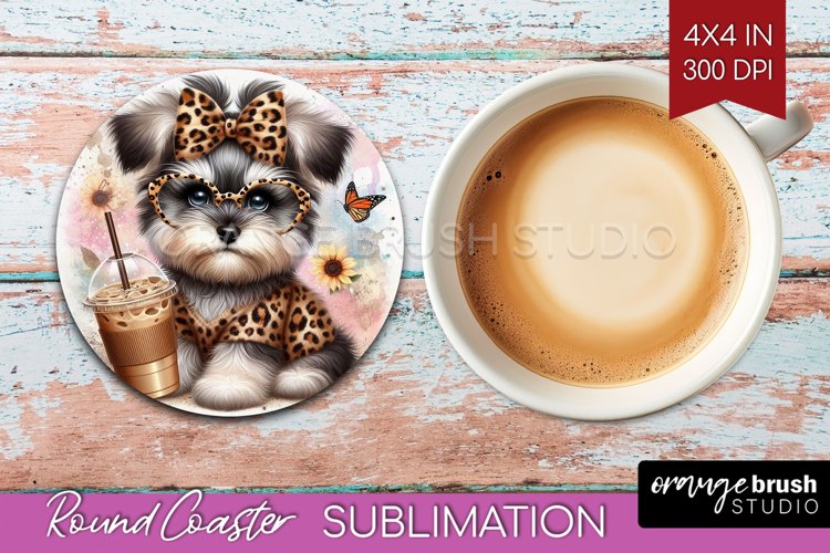 Cute Dog Round Coaster - Leopard Bow Coaster PNG Sublimation
