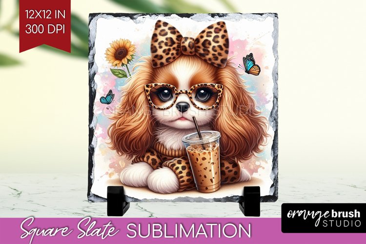 Cute Dog Slate PNG - Leopard Bow Square Slate Sublimation