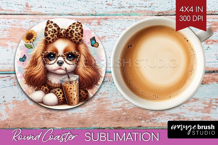 Cute Dog Round Coaster - Leopard Bow Coaster PNG Sublimation
