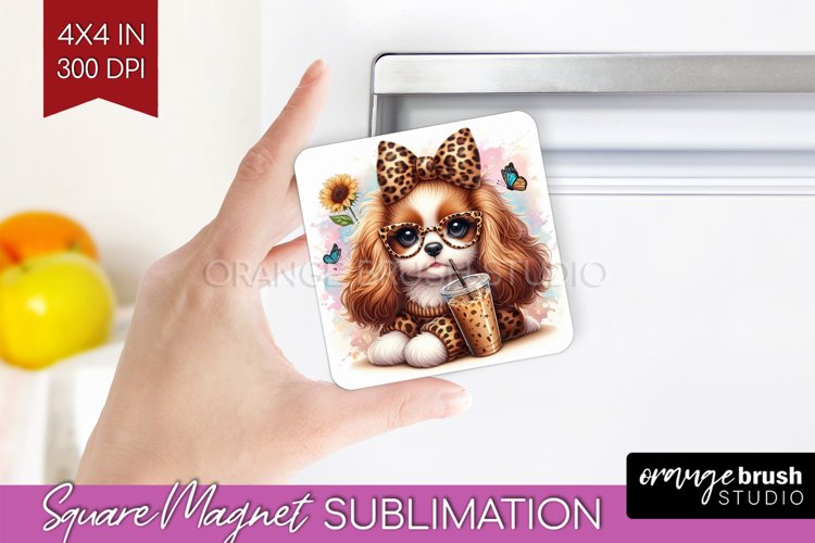 Cute Dog Magnet Sublimation - Leopard Bow Square Magnet PNG