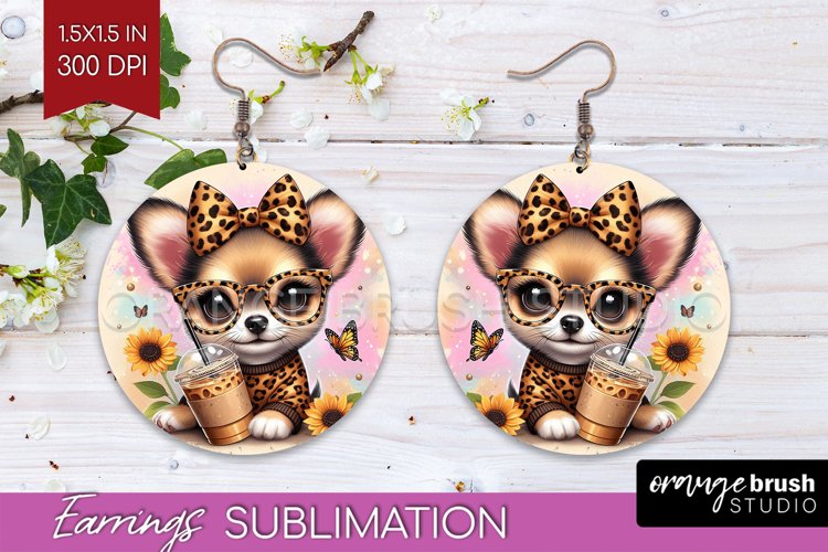 Cute Dog Round Earrings - Leopard Bow PNG Sublimation