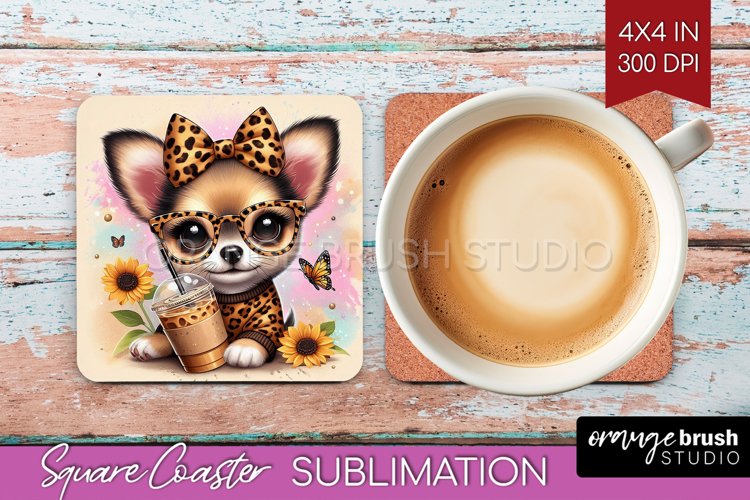 Cute Dog Square Coaster - Leopard Bow Coaster PNG