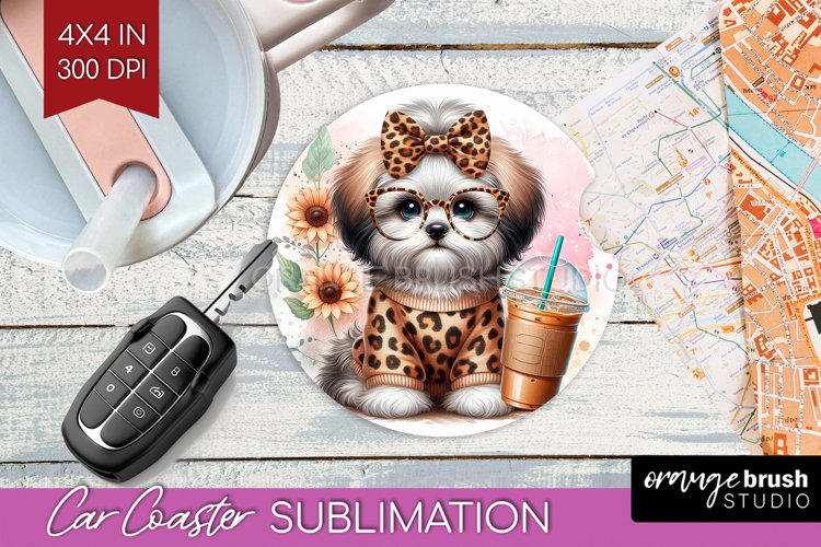Cute Dog Car Coaster - Leopard Bow Coaster PNG Sublimation