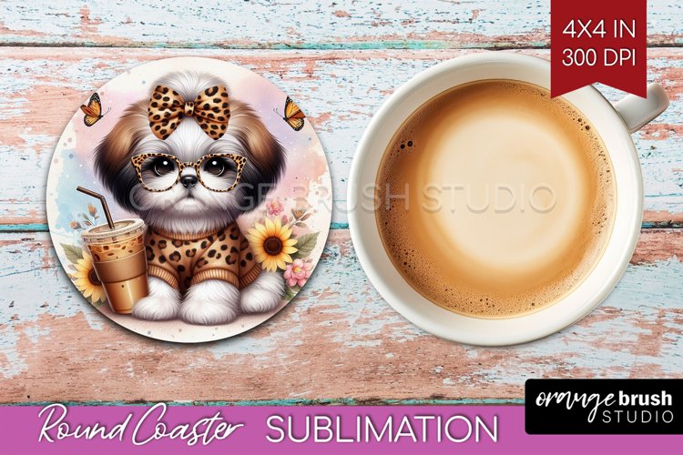 Cute Dog Round Coaster - Leopard Bow Coaster PNG Sublimation
