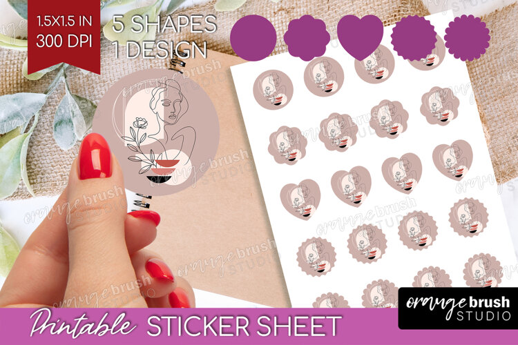 Line Art Woman Round Sticker - Minimalist Printable Sticker example image 1