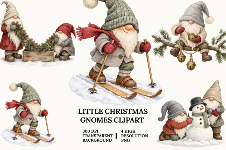 Little Christmas Gnome Clipart, Skiing, Bells and Snowman PN