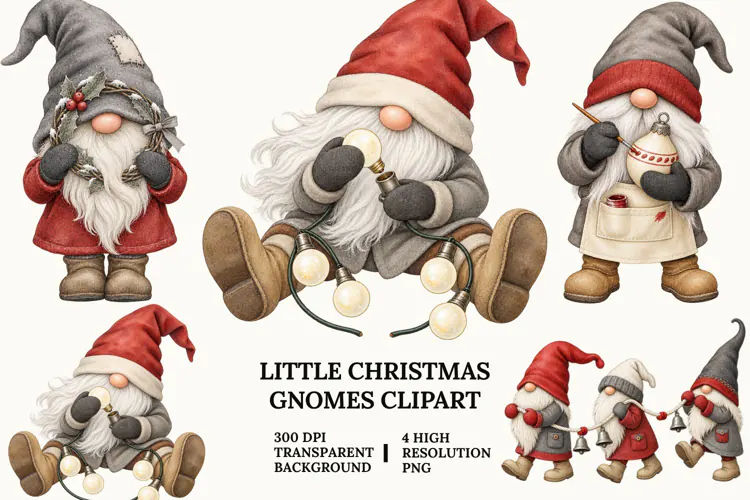 Little Christmas Gnome Clipart with Lights, Ornaments and Be
