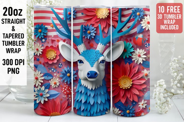 3D Deer Tumbler Wrap | 3D Patriotic Tumbler Wrap | 3D