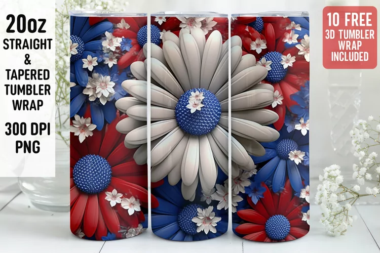 3D Flower Tumbler Wrap | 3D Patriotic Tumbler Wrap