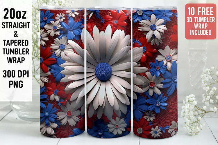3D Flower Tumbler Wrap | 3D Patriotic Tumbler Wrap