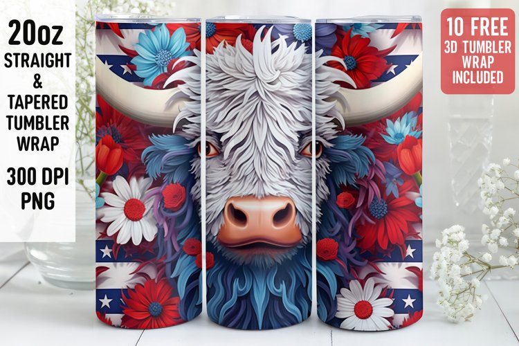 3D Western cow Tumbler Wrap | 3D Patriotic Tumbler Wrap
