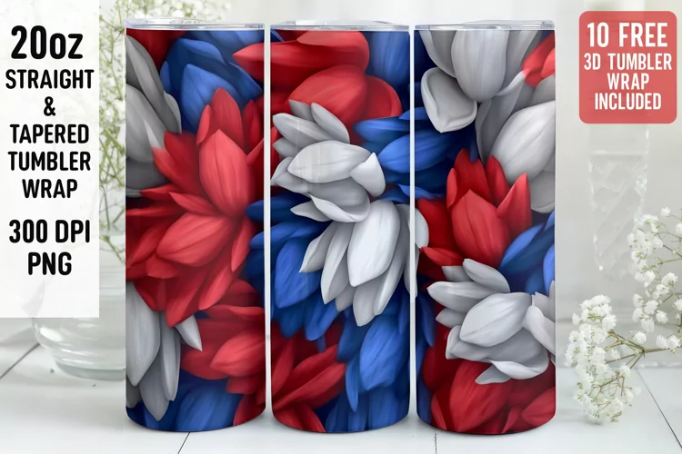 3D Flower Tumbler Wrap | 3D Patriotic Tumbler Wrap