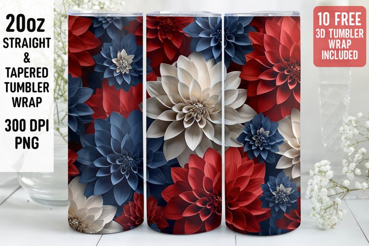 3D Flower Pattern Tumbler Wrap | 3D Patriotic Tumbler example image 1