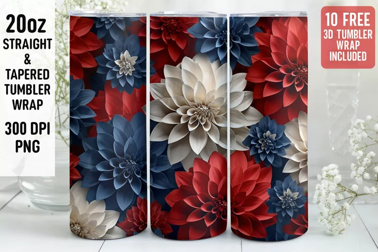 3D Flower Pattern Tumbler Wrap | 3D Patriotic Tumbler