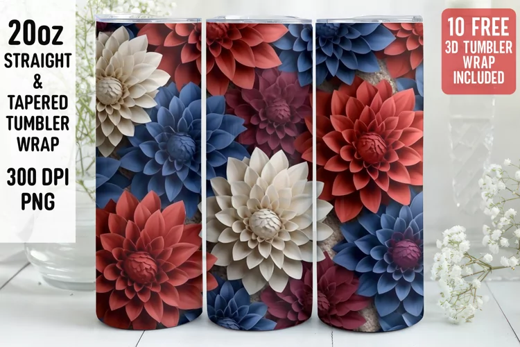 3D Flower Pattern Tumbler Wrap | 3D Patriotic Tumbler