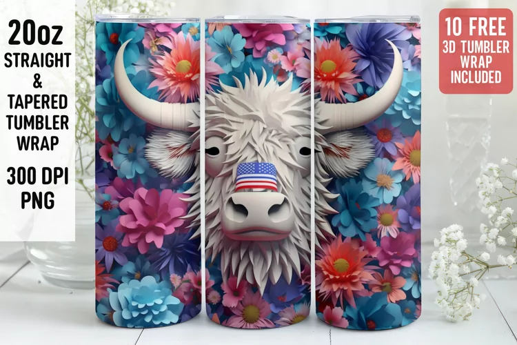 3D Western cow Tumbler Wrap | 3D Patriotic Tumbler Wrap