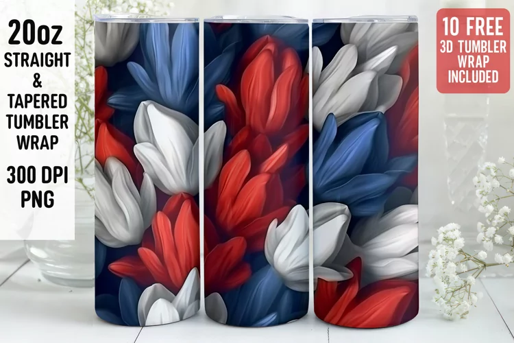 3D Flower Tumbler Wrap | 3D Patriotic Tumbler Wrap