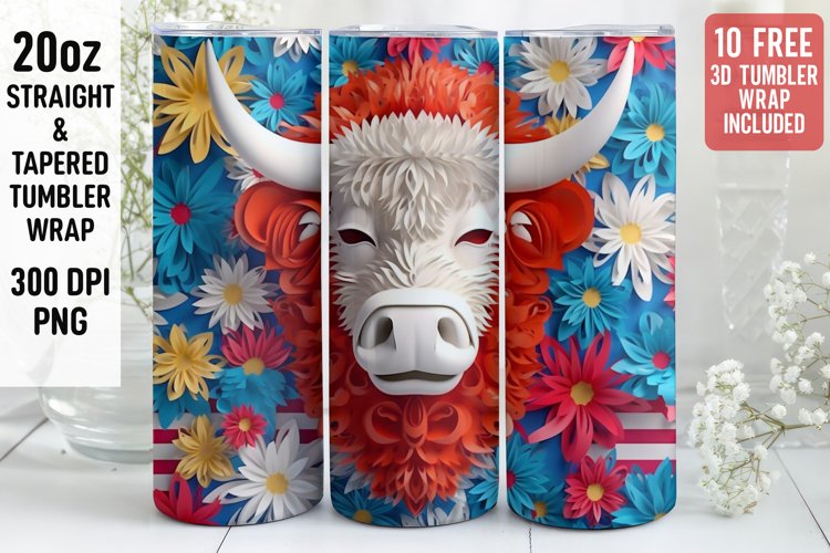 3D Western cow Tumbler Wrap | 3D Patriotic Tumbler Wrap