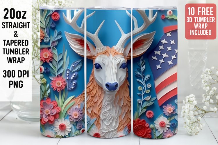 3D Deer Tumbler Wrap | 3D Patriotic Tumbler | 3D