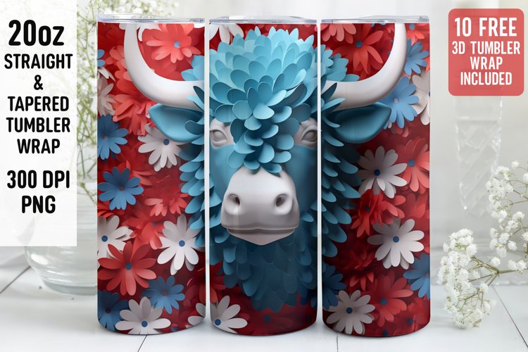3D Western cow Tumbler Wrap | 3D Patriotic Tumbler Wrap