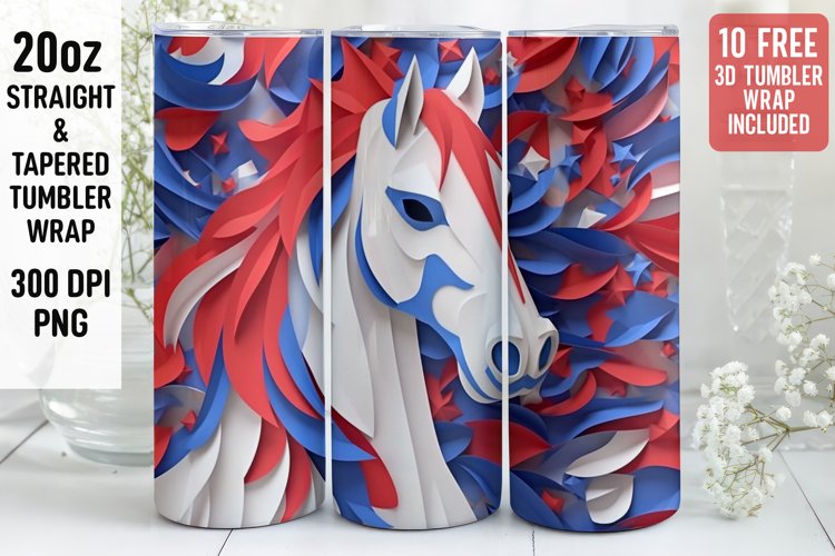 3D Horse Tumbler Wrap | 3D Patriotic Tumbler Wrap | 3D