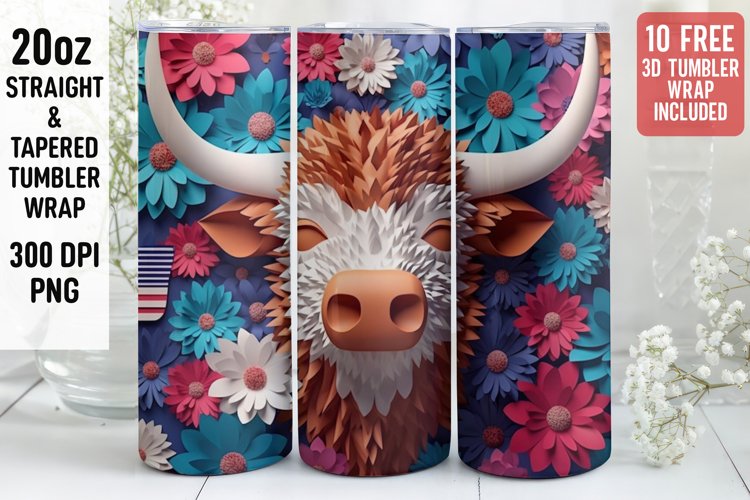 3D Western cow Tumbler Wrap | 3D Patriotic Tumbler Wrap