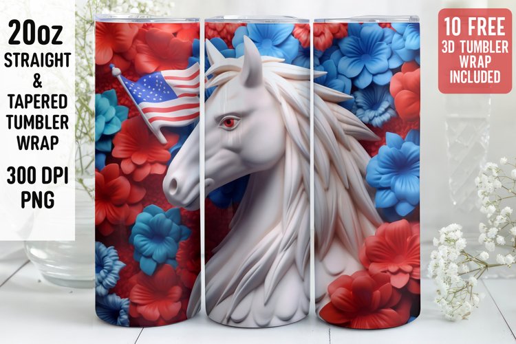 3D Horse Tumbler Wrap | 3D Patriotic Tumbler Wrap | 3D