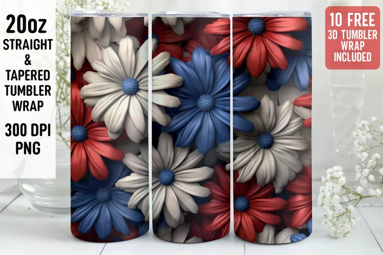 3D Flower Tumbler Wrap | 3D Patriotic Tumbler Wrap