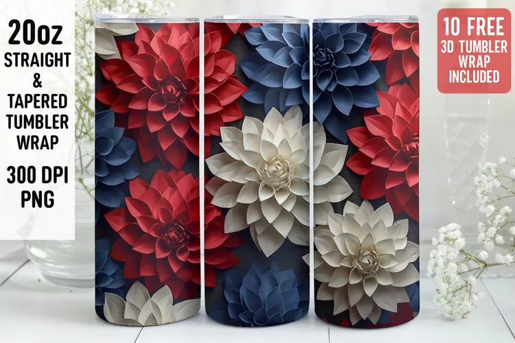 3D Flower Pattern Tumbler Wrap | 3D Patriotic Tumbler