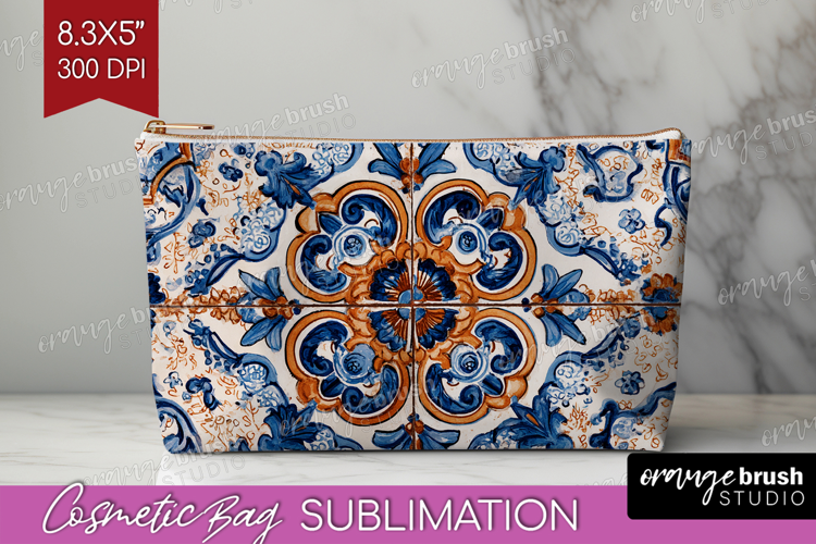 Mediterranean Cosmetic Bag - Italian Tile Makeup Bag PNG
