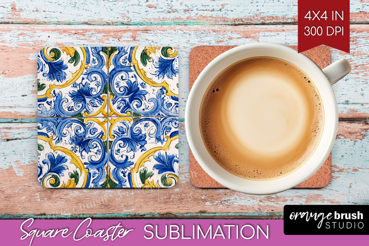 Mediterranean Square Coaster - Italian Tile Coaster PNG