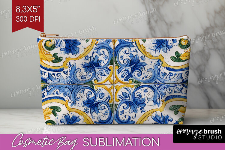 Mediterranean Cosmetic Bag - Italian Tile Makeup Bag PNG example image 1