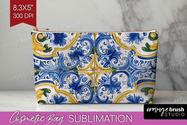 Mediterranean Cosmetic Bag - Italian Tile Makeup Bag PNG