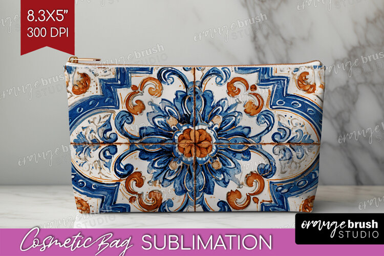Mediterranean Cosmetic Bag - Italian Tile Makeup Bag PNG example image 1