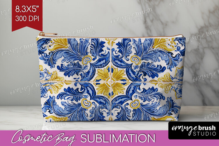 Mediterranean Cosmetic Bag - Italian Tile Makeup Bag PNG example image 1