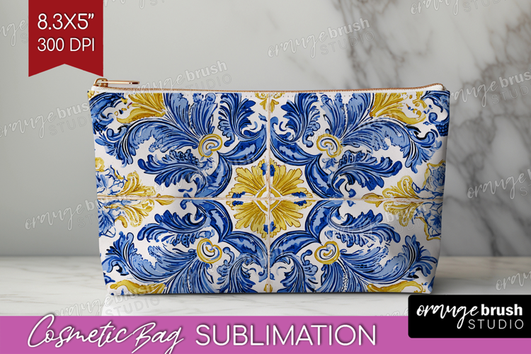 Mediterranean Cosmetic Bag - Italian Tile Makeup Bag PNG