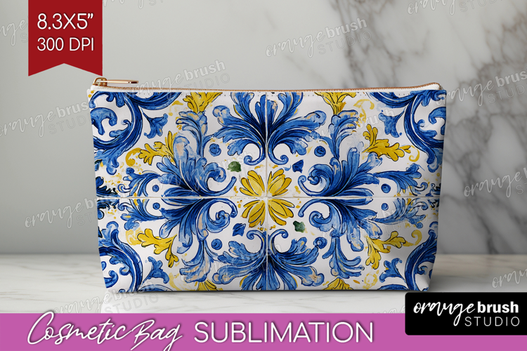 Mediterranean Cosmetic Bag - Italian Tile Makeup Bag PNG