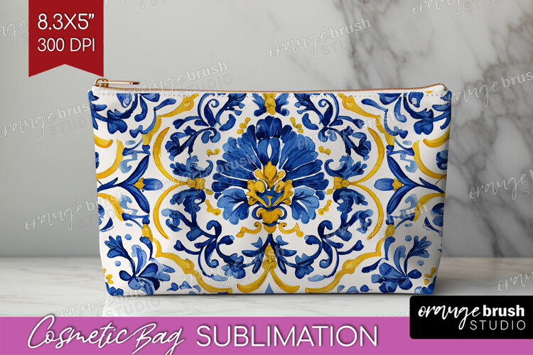 Mediterranean Cosmetic Bag - Italian Tile Makeup Bag PNG example image 1