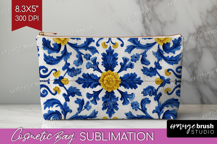Mediterranean Cosmetic Bag - Italian Tile Makeup Bag PNG example image 1