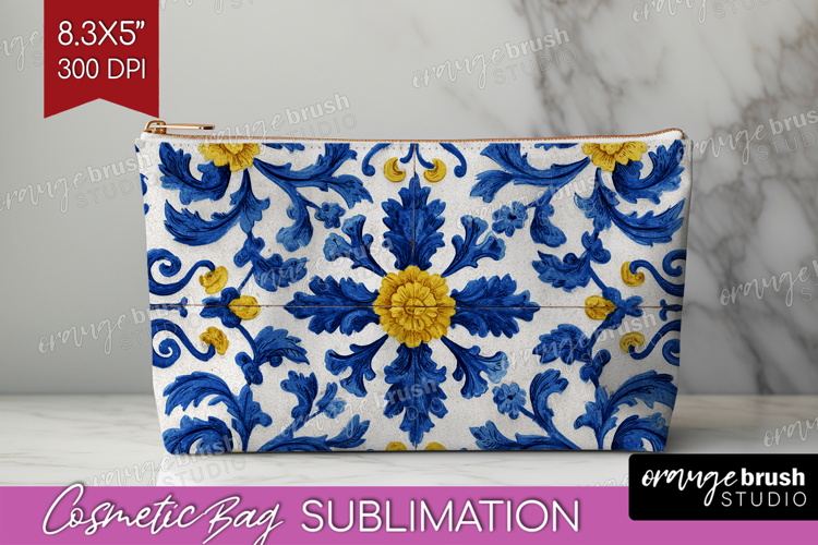 Mediterranean Cosmetic Bag - Italian Tile Makeup Bag PNG