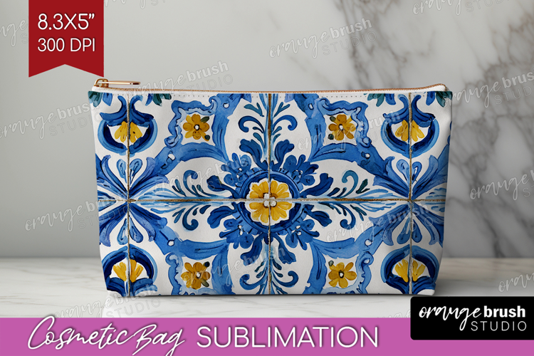 Mediterranean Cosmetic Bag - Italian Tile Makeup Bag PNG
