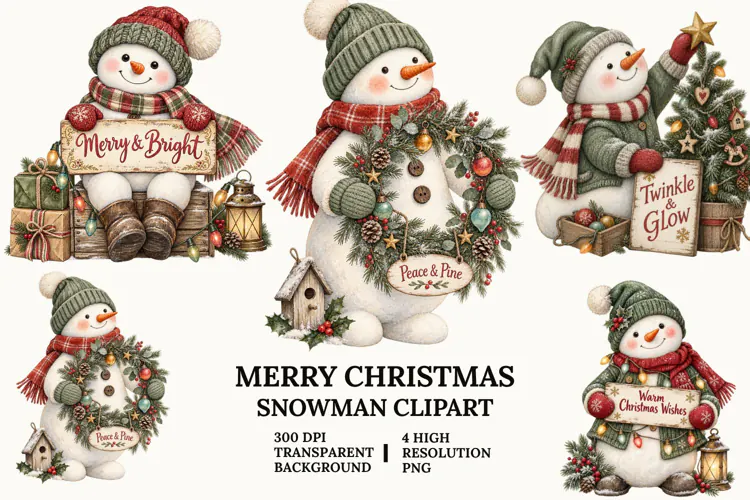 Merry Christmas Snowman Clipart with Pine, Tree and Lights