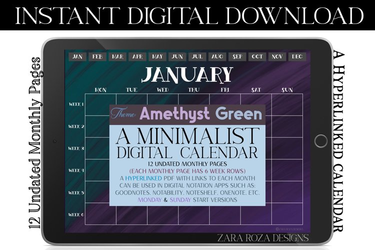 Amethyst Green Monthly PDF Digital Calendar for Goodnotes