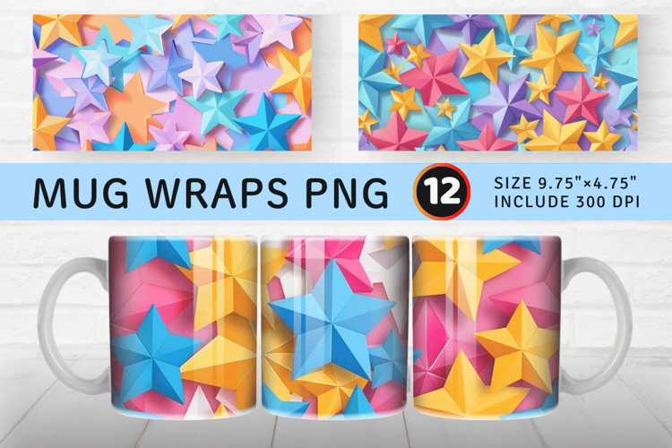3D Sweet Multicolor Stars Mug Wrap Sublimation Designs