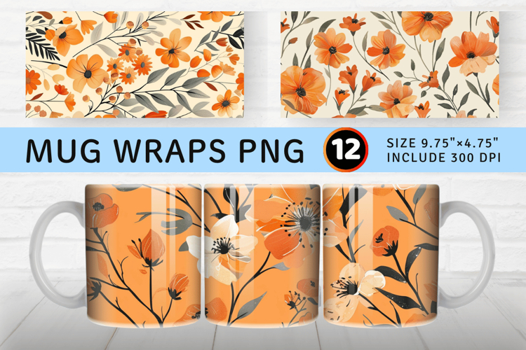 Orange Botanical Flowers Mug Wrap Sublimation Designs